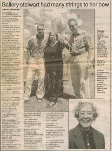 Heather Irwin tribute in the Ballarat Courier